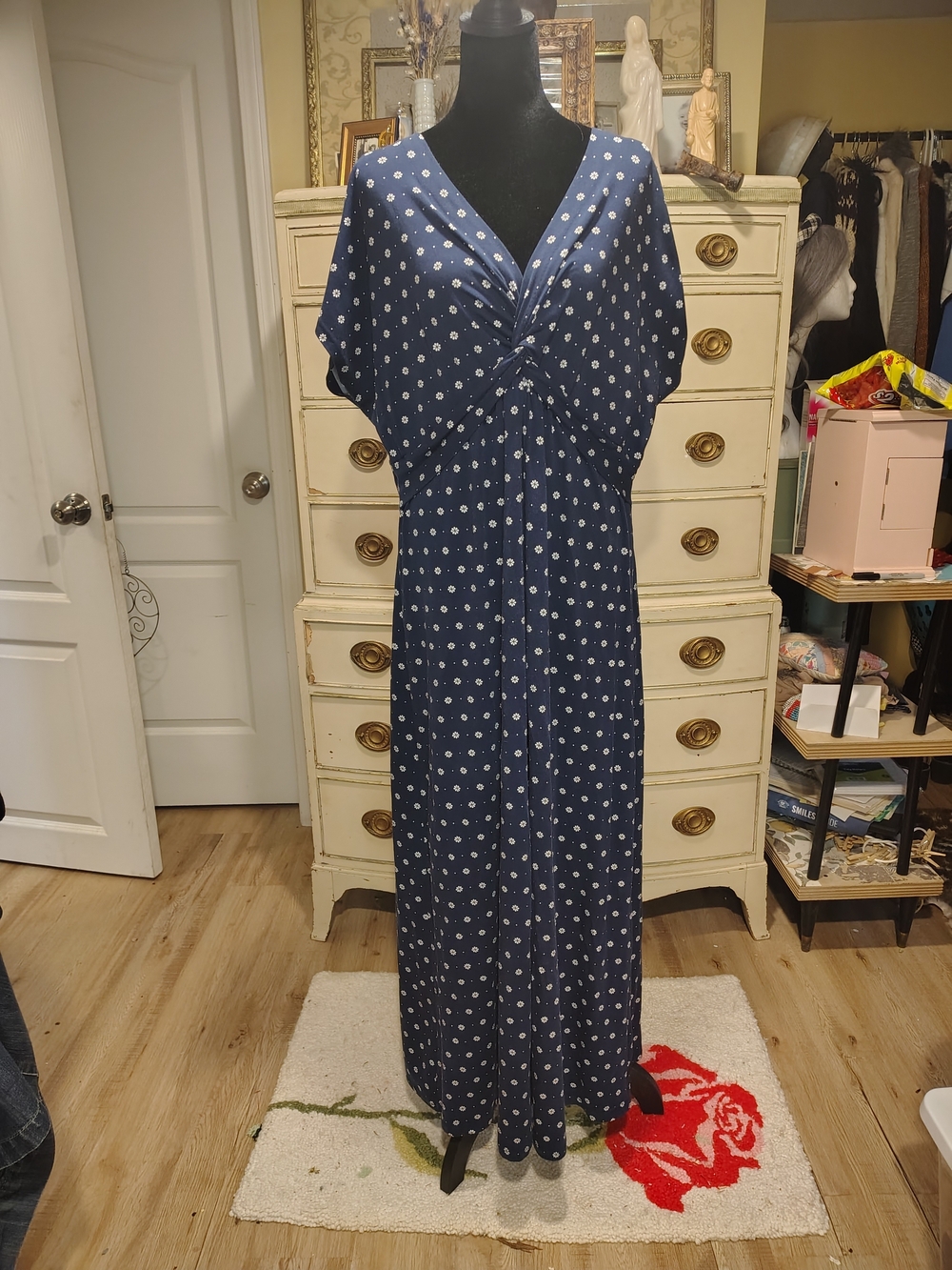 L.L. Bean Cotton Blend Navy and White Flower Maxi Dress